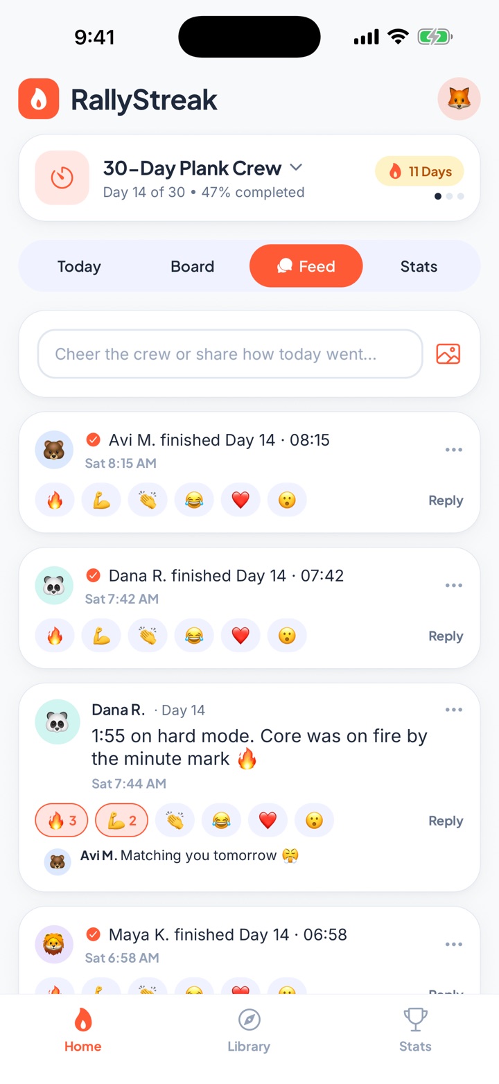The group feed with notes, reactions and replies