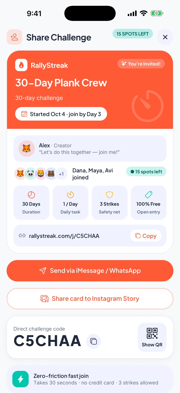 A RallyStreak invite card with a link, code and start date