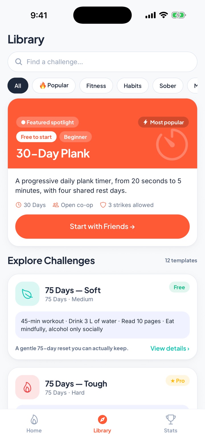 The RallyStreak challenge library with the 30-Day Plank featured