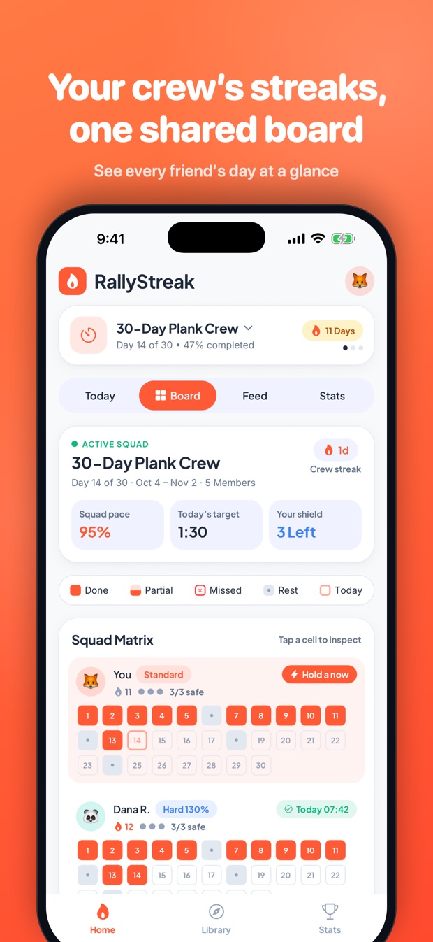 RallyStreak app screenshot: board