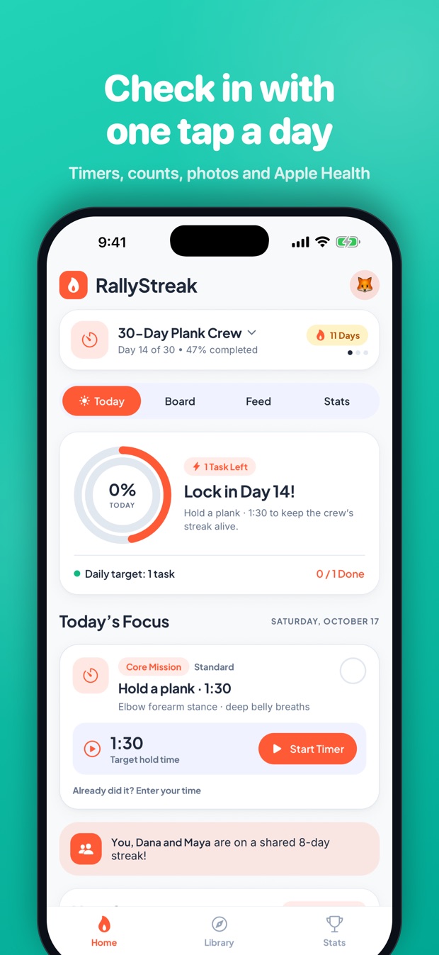 RallyStreak app screenshot: today