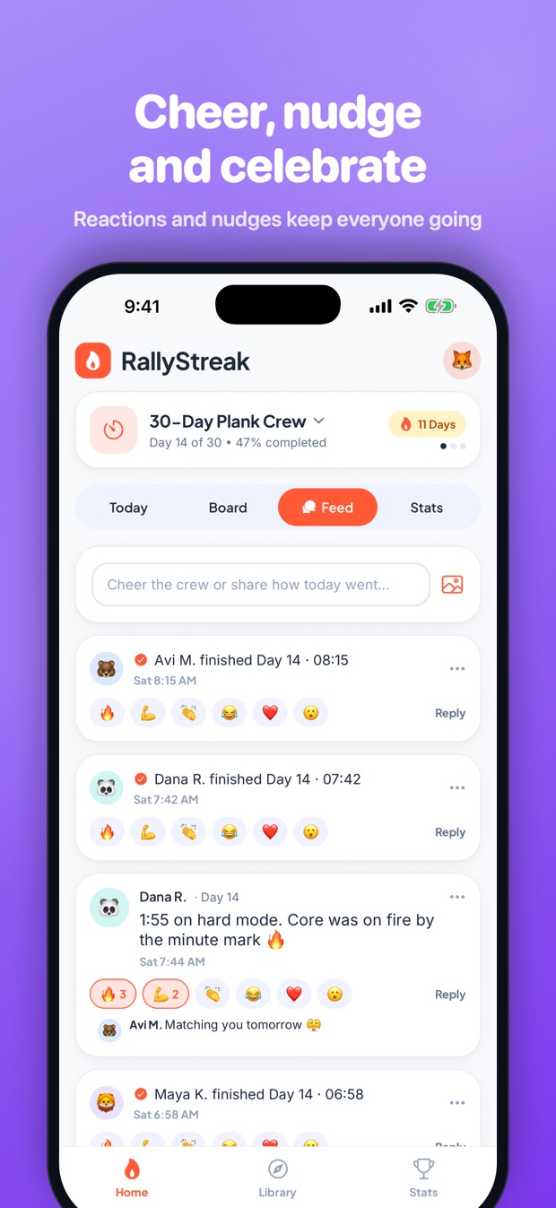 RallyStreak app screenshot: feed